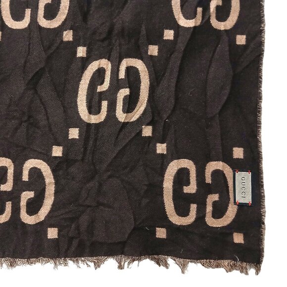 Gucci Chocolate Brown & Tan Reversible Big GG Logo Print Scarf Vintage Pre-Owned - Picture 5 of 7